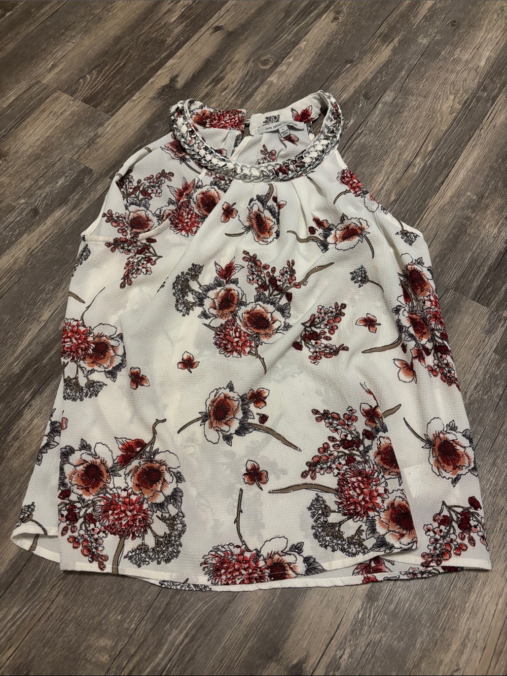 Chain-Trim Floral Halter Camisole - White with Red Floral
